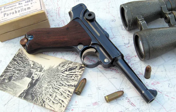 Photo, gun, map, binoculars, cartridges, Parabellum, P08, Luger