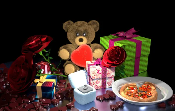 Flowers, rendering, gift, chocolate, ring, art, bear, gifts