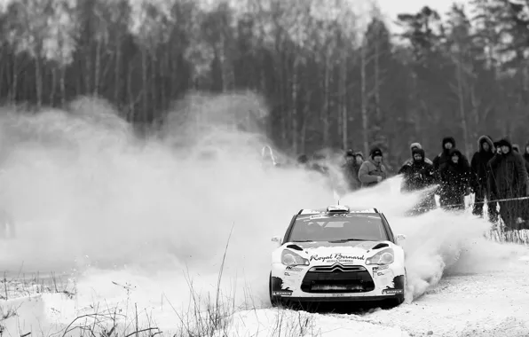 Snow, Citroen, DS3, Citroen, black and white photo, Bryan Bouffier, ERC