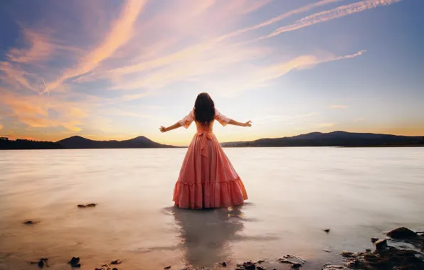 The sky, girl, clouds, light, mountains, nature, pose, lake