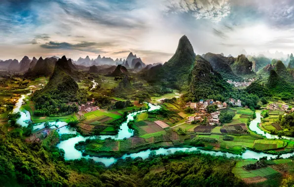 Greens, field, trees, mountains, river, home, valley, panorama