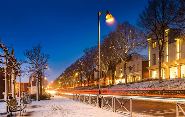 Winter, snow, night, lights, street, Netherlands, Middelharnis