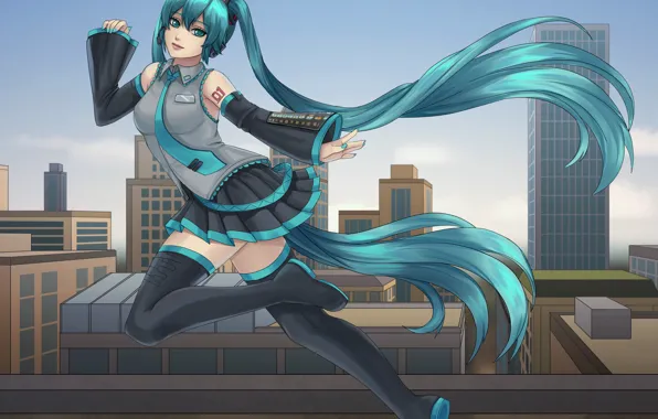 Picture roof, girl, the city, hair, art, hatsune miku, miku