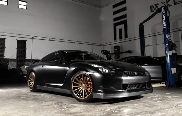 Picture GTR, Nissan, Black, Gold, Vossen, Wheels, Garage