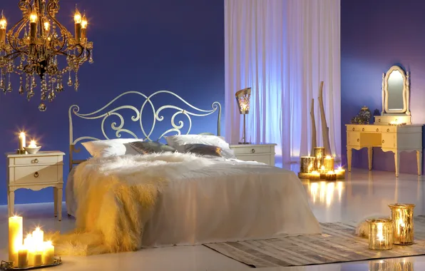 Picture design, fire, bed, pillow, candles, mirror, chandelier, bed