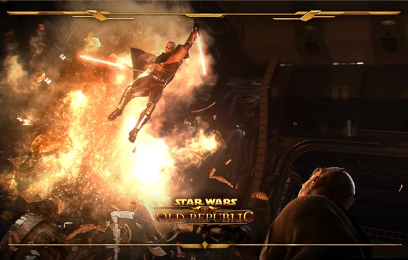The explosion, weapons, fire, jump, characters, Star Wars The Old Republic