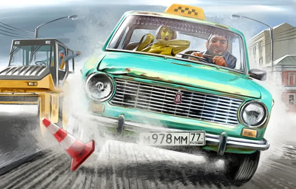 Humor, art, 2101, cabbie, road repairs