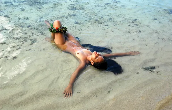 Sand, chest, water, girl, stay, relax, brunette, nipples