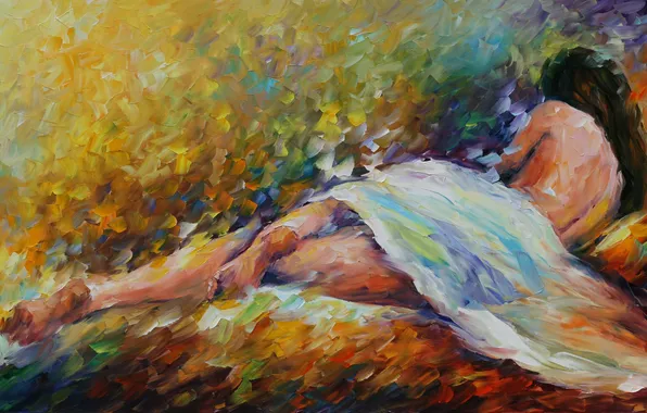 Picture girl, pose, hair, back, legs, painting, Leonid Afremov