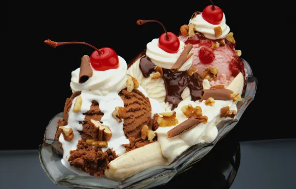 Cherry, ice cream, nuts, banana, dessert, chocolate, strawberry, vanilla