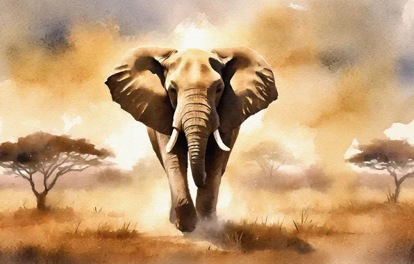Face, elephant, Savannah, walk, painting, imitation painting, AI art, neural network