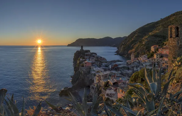 Sea, sunset, Italy, Vernazza, Liguria