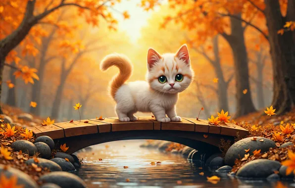 Autumn, cat, white, look, water, the sun, light, trees