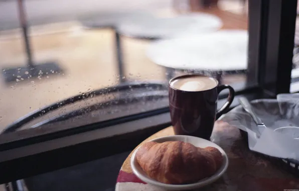 Picture rain, coffee, cappuccino, Croissant