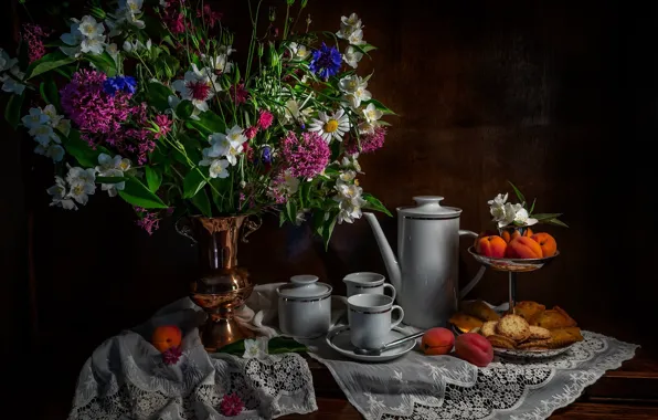 Flowers, the dark background, table, bouquet, kettle, cookies, the tea party, Cup