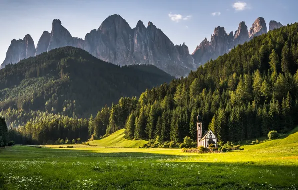 Picture landscape, mountains, rocks, hills, vegetation, Church, chapel, forest