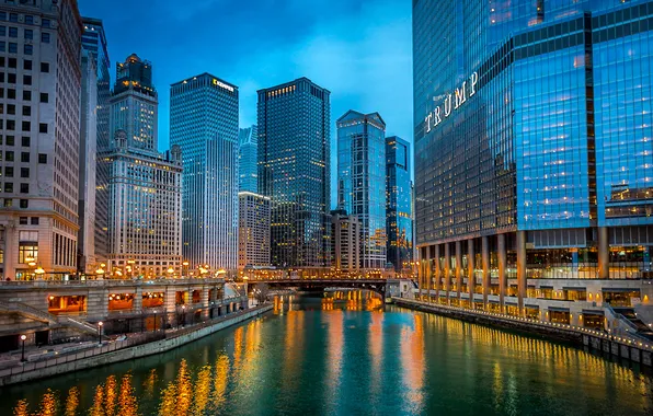 Night, the city, lights, Chicago, USA