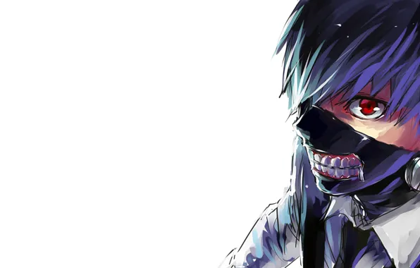 Picture look, anime, mask, white background, anime, red eye, white shirt, Tokyo Ghoul