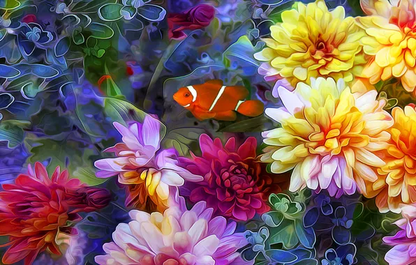 Picture line, flowers, collage, fish, petals