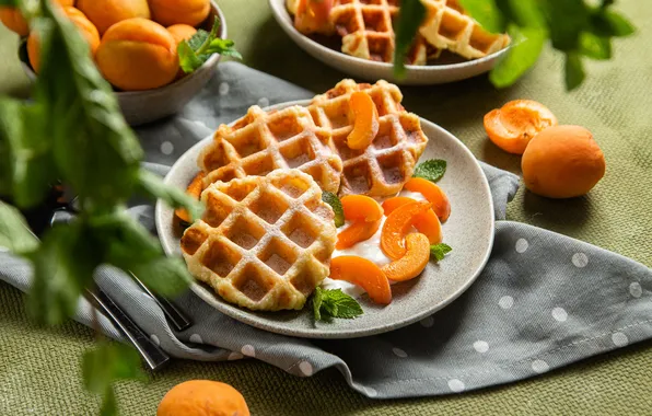 Towel, bowl, waffles, apricots