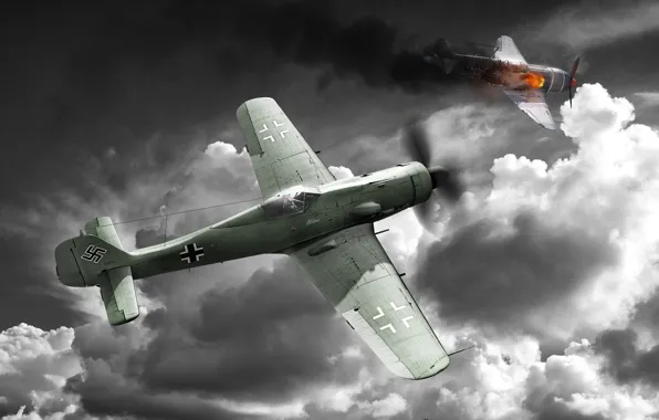 The sky, clouds, the plane, war, fighter, war thunder, Fw-190D