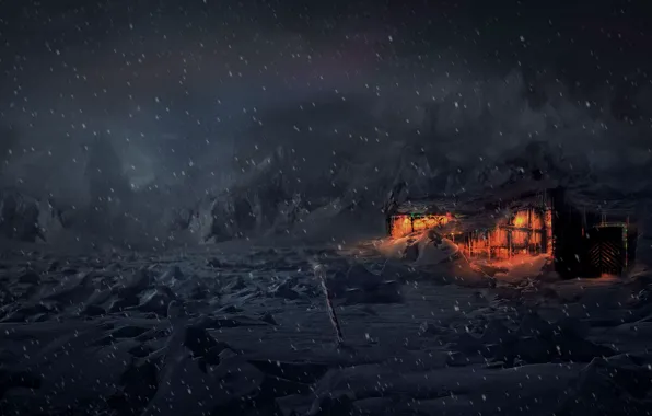 Picture winter, snow, night, house, tundra, Concept Art, Computer Graphics, Animation