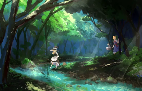 Forest, stream, stones, hat, Shanghai, broom, touhou, rays of light