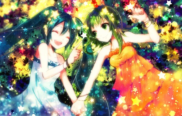 Picture joy, girls, colorful, art, vocaloid, hatsune miku, stars, Vocaloid