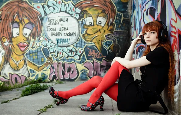 Picture look, girl, wall, graffiti, headphones, dress, shoes, redhead