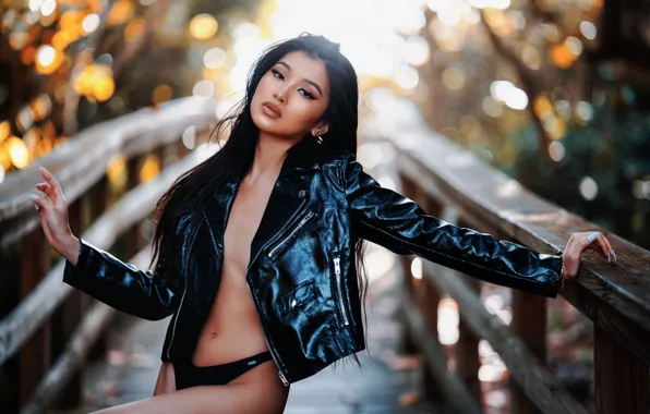 Girl, bridge, pose, panties, brunette, jacket, Asian, long hair