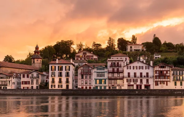 Sunset, river, France, building, home, promenade, France, Ciboure