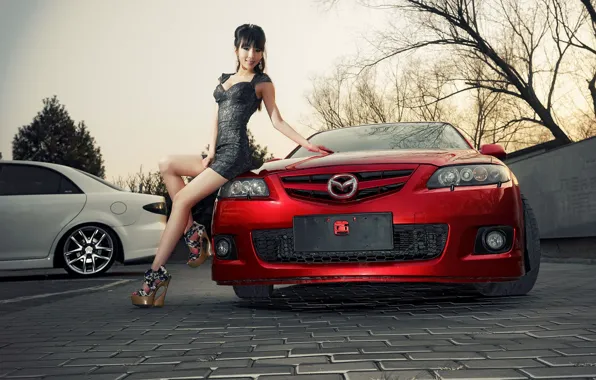 Look, Girls, Mazda, Asian, beautiful girl, red car, beautiful dress, posing on the car