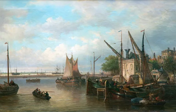 Water, Home, People, Boats, Picture, Ships, Dutch artist, Elias Pieter van Bommel