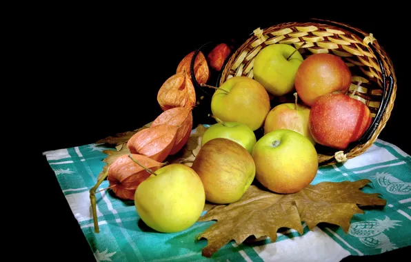 Leaves, apples, food, towel, yellow, harvest, red, fruit