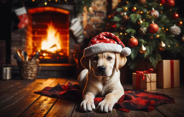 Dog, Christmas, puppy, New year, fireplace, Retriever, Christmas tree, the Santa hat