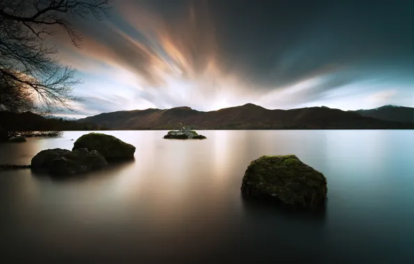 Landscape, nature, lake, stones, twilight
