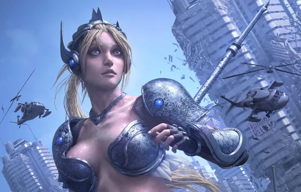 The city, fiction, skyscraper, blonde, helicopter, art, valkyrie