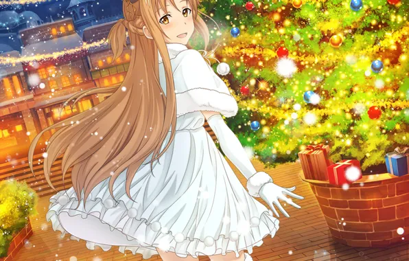 White dress, long hair, the light in the Windows, Christmas tree, evening city, Yuuki Asuna, …