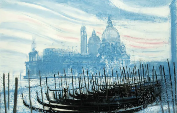 Picture, boats, Venice, Cathedral, gondola, the urban landscape, Andre Brasilier