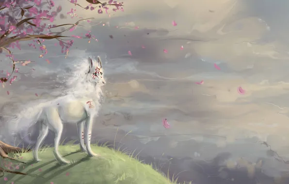 Open, tree, wolf, Sakura, characters, hill, art