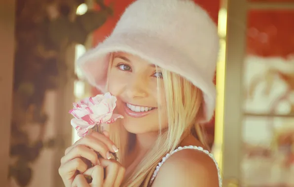 Picture flower, look, girl, smile, hat, blonde