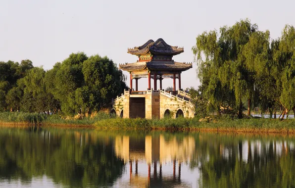 Picture bridge, nature, lake, reflection, tower, Palace Beijing