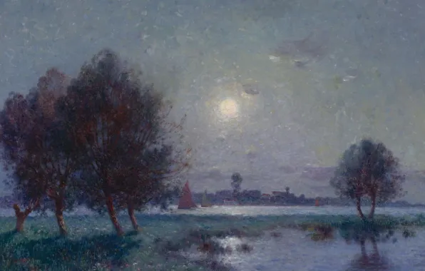 Picture trees, landscape, night, river, boat, picture, sail, Ferdinand du Puigaudeau