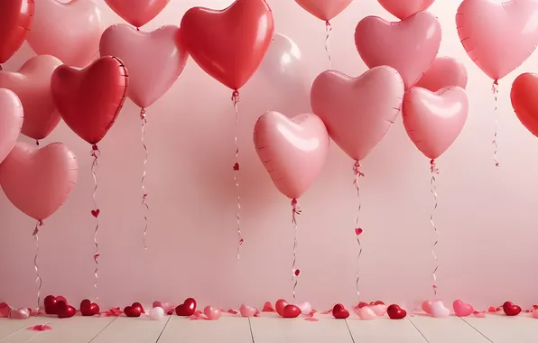 Balloons, wall, heart, hearts, air, pink, pink background, Valentine's Day
