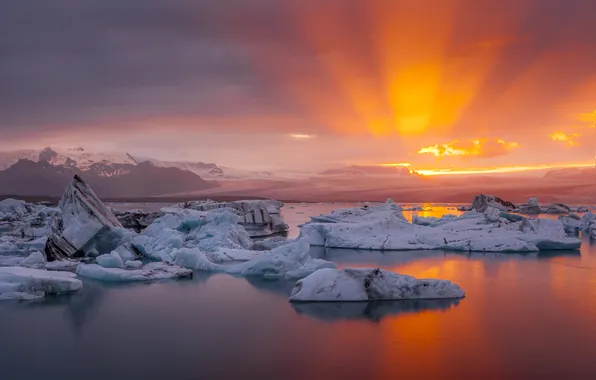Winter, the sky, the sun, light, sunset, glacier, ice, ice