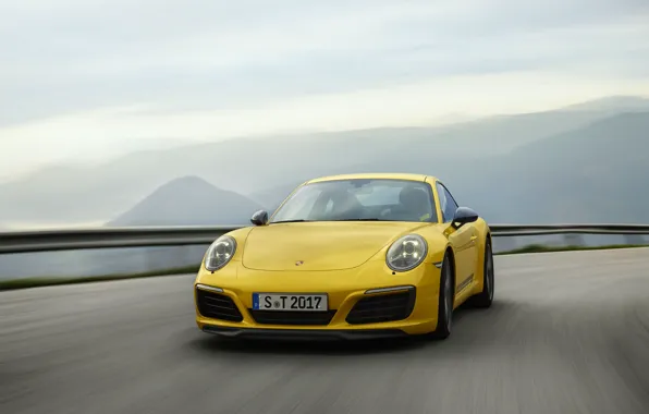 Picture road, the sky, asphalt, mountains, yellow, Porsche, 2018, 911 Carrera T