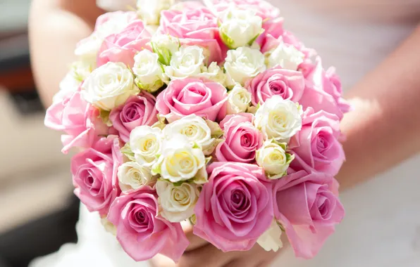 Flowers, roses, bouquet, hands, pink, white, bokeh, wedding