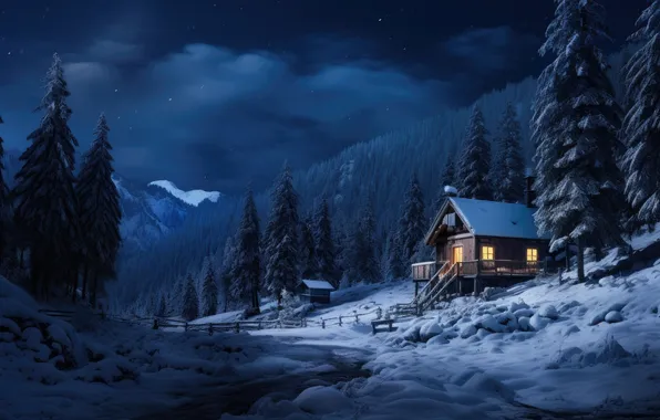 Winter, forest, snow, mountains, night, nature, house, house