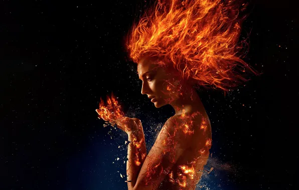 Fire, red, fantasy, girls, art, stars, orange, hair