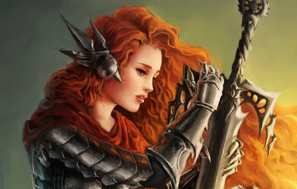 Girl, sword, art, profile, red, armor